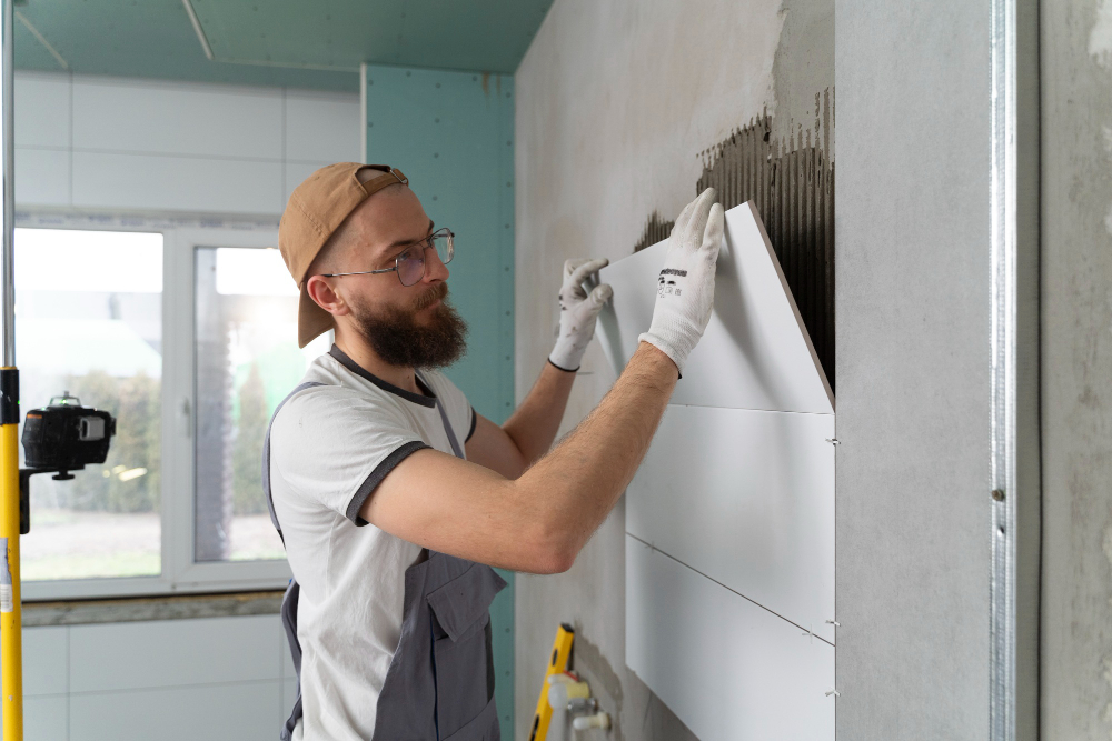 man hanging tile